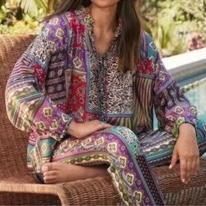 Johnny Was Patch Finn multicolor silk blouse and matching wide-leg pants 2pc set